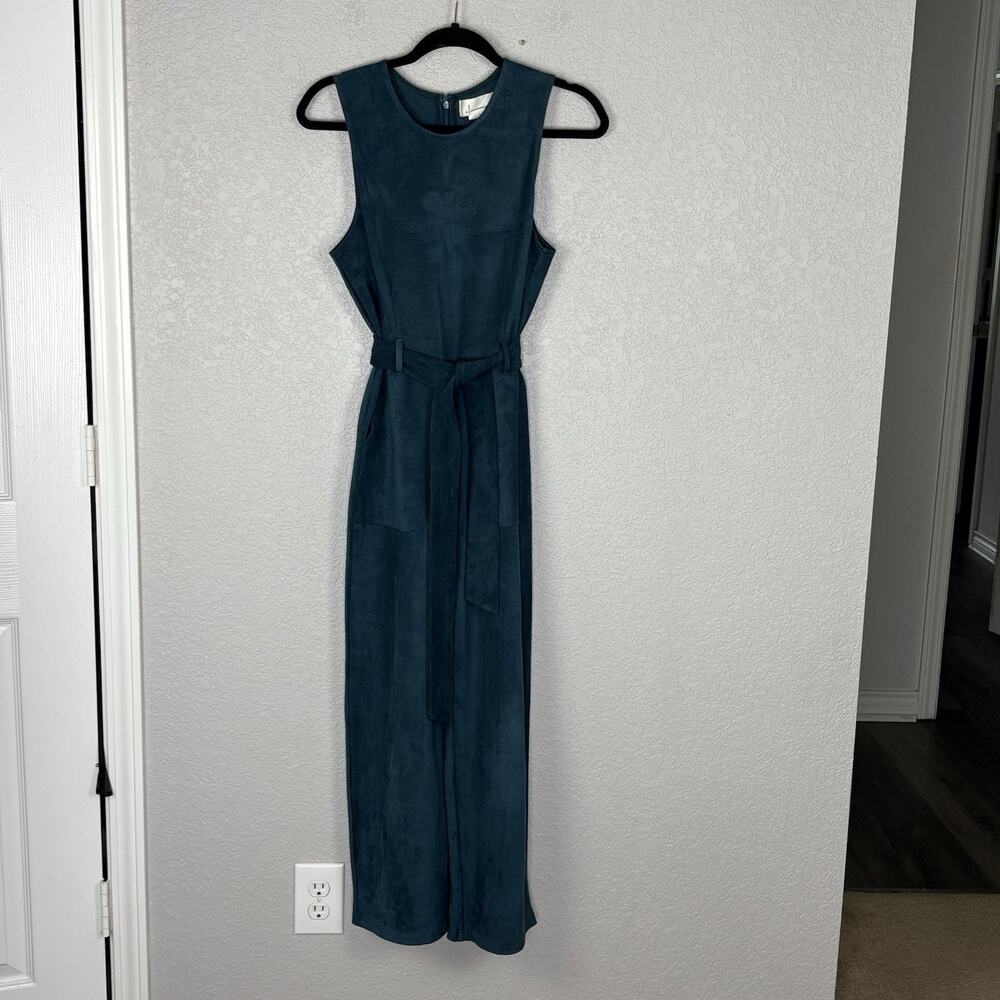 By Anthropologie Jumpsuit Womens Faux Suede Wide Leg Crop Teal Blue Stretch Sz 8 - Picture 2 of 5